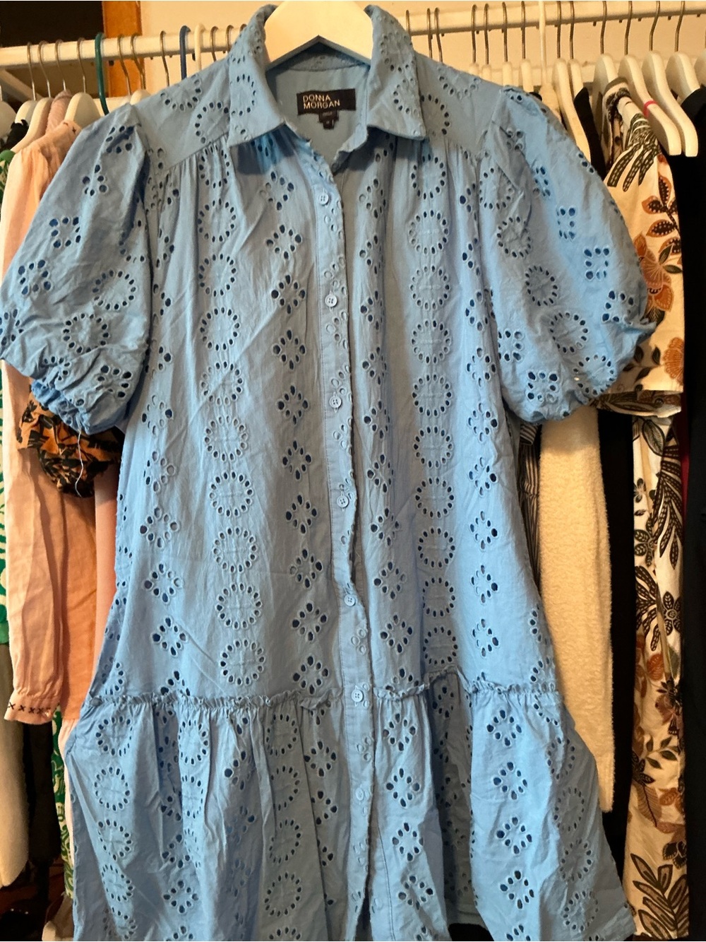 Donna Morgan Sky Blue Eyelet Button-Down Tiered Dress size 10